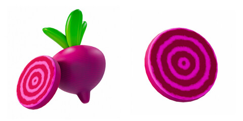 stylized 3D render of two beet in different angles on white background. Bright, glossy, purple fruit illustration perfect for healthy food and organic vegetable concepts.