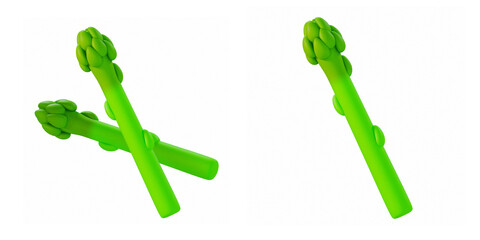 stylized 3D render of two asparagus in different angles on white background. Bright, glossy, green fruit illustration perfect for healthy food and organic vegetable concepts.