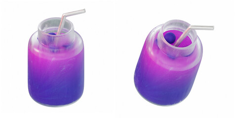 stylized 3D render of two jars of yogurt in different angles on white background. Bright, glossy, purple drink illustration perfect for healthy food and organic food concepts.
