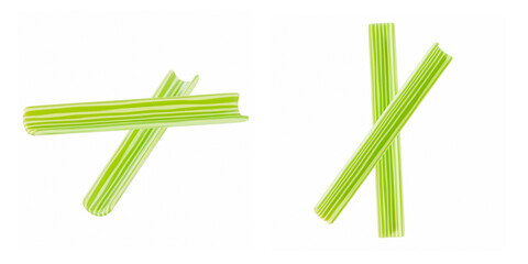 Stylized 3D render of Two intersecting green celery sticks on a clean white background - crisp and minimal vegetable concept ideal for healthy eating, food styling, or plant-based nutrition visuals