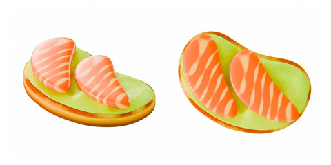 stylized 3D render of two Avocado and salmon toast on crispy bread in different angles on white background. Stylized food illustration with vibrant colors and smooth design