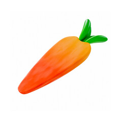 stylized 3D render of a half a carrot with green leaves on white background. Bright, glossy, yellow-orange fruit illustration perfect for healthy food and organic fruit concepts.