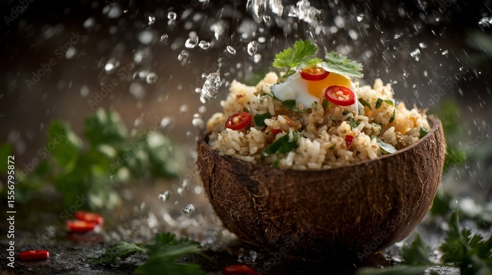 Poster an artistic shot of fried rice being served in a coconut shell, topped with sliced chili and fresh c