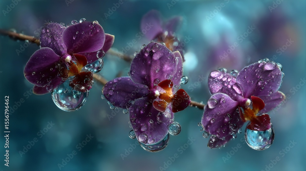 Poster an enchanting image of purple orchids with crystal-clear water droplets clinging to their smooth pet