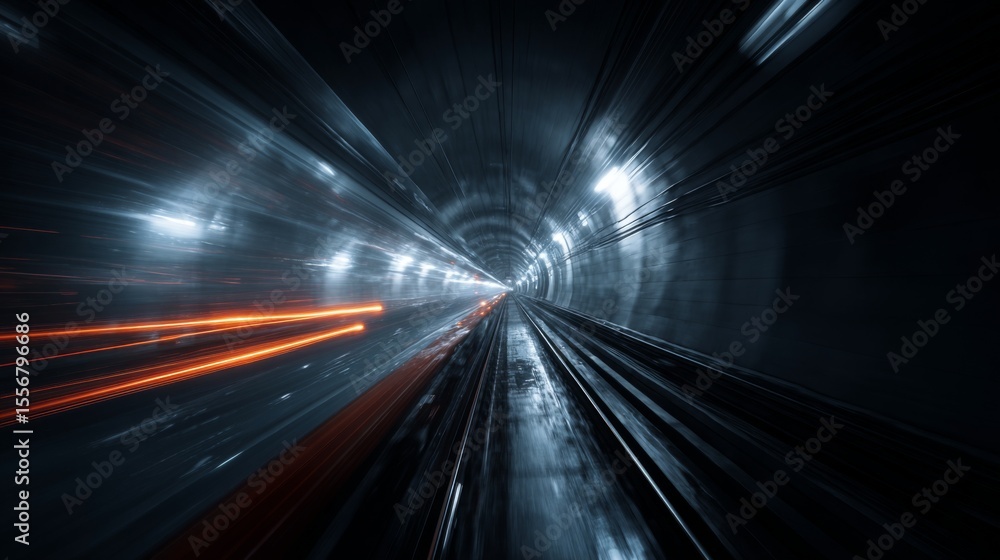 Poster an impressive view of a high-speed train passing through a tunnel, with lights reflecting off its sl