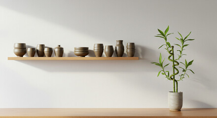 Wooden shelf with various pottery and a bamboo plant against a white wall.