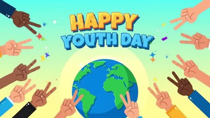 Animated Happy Youth Day Celebration with Diverse Hands and Earth Globe