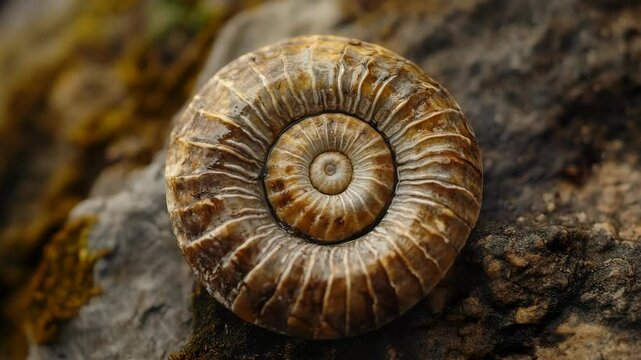 A close up of a snail 's shell on a rock