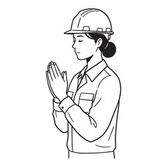 Black and white illustration of a female construction worker praying with clasped hands