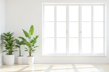 room with two potted plants in front of a large window