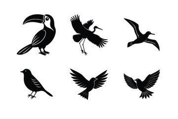 Stylized flying birds and avian profiles for print Silhouette Vector illustration