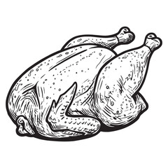 Detailed black and white illustration of a roasted chicken ready for the holiday meal