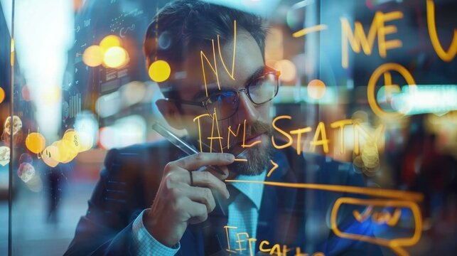 Businessman writing 'New Strategy' on glass board stock photo --ar 16:9 --raw --v 6 Job ID: 1cc74321-514b-4e30-a9cd-bc91aa85209e
