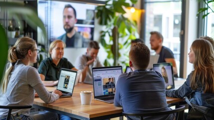 Team in virtual meeting discussing business strategy on laptops stock photo --ar 16:9 --raw --v 6 Job ID: 6d7b8c20-1cb2-4724-9043-ed1b08f357e8