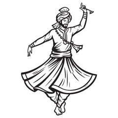 Elegant black and white illustration of a punjabi bhangra dancer in traditional attire