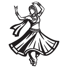 Elegant black and white silhouette depicting a graceful indian classical dancer in motion