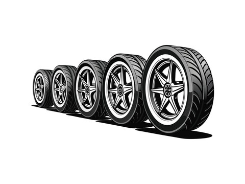 A lineup of five sleek alloy car wheels and tires with sporty tread patterns isolated on white background
