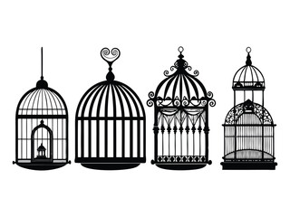 Collection of four ornate black silhouette bird cages with decorative tops and bases isolated on white background
