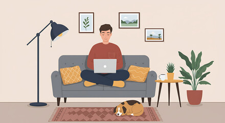 employee or freelancer works from home on a laptop, sitting on a cozy sofa . A flat vector showing a comfortable remote work lifestyle. Set for work from anywhere theme, remote work, lifestyle
