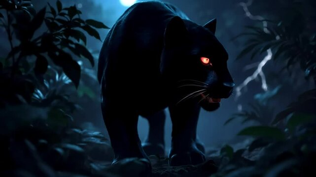 Glowing-Eyed Black Panther Stalking Through Jungle at Night with Lightning