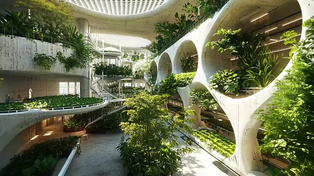 Modern indoor garden with lush greenery and unique architectural design, showcasing sustainable living