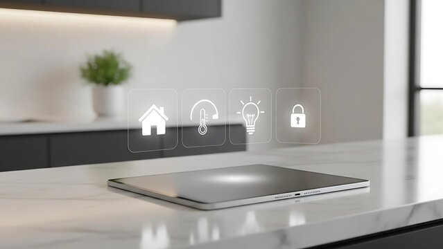 Streamlining home automation, a tablet displays control icons in a bright, modern kitchen setting, representing smart home technology.