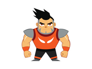 A fierce cartoon warrior character with a spiky mohawk and orange athletic gear standing ready isolated on white background
