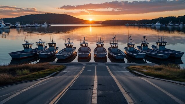 Harbor access road, fishing boats moored in lake reflecting sunset.