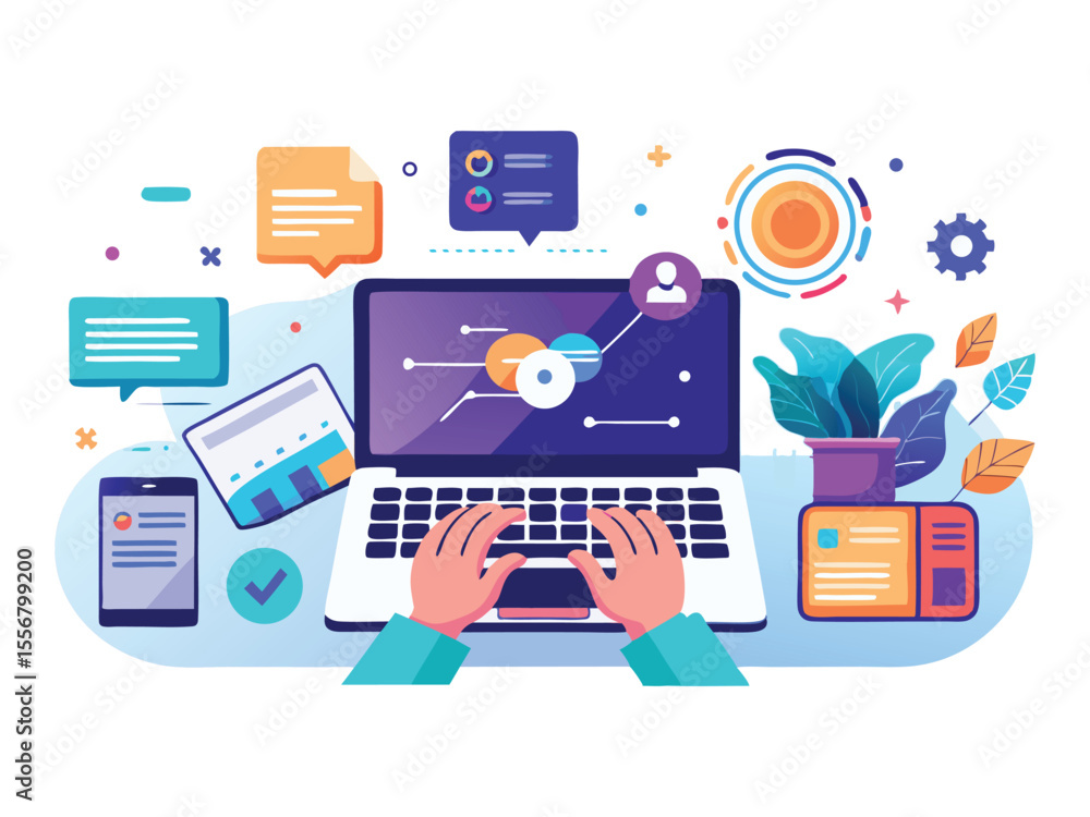 Fototapete hands typing on a laptop with charts and graphs a smartphone and plants representing digital data an