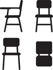 Classroom chair silhouette of icons set side, front, back, and top views vector art illustration