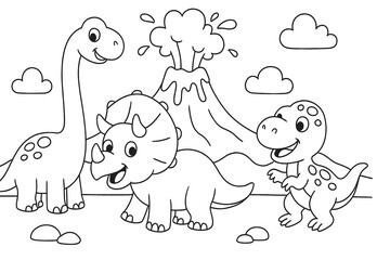 Cute dinosaurs smile near an erupting volcano with clouds in the sky. Fun prehistoric scene perfect for kids’ coloring books