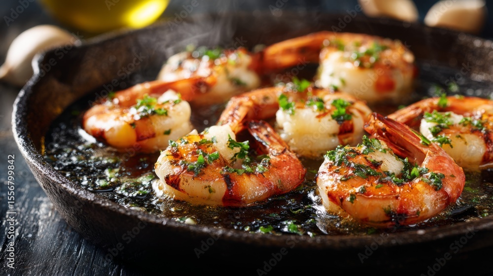 Poster a captivating image of grilled shrimp sizzling in a cast-iron skillet, with fresh garlic and herbs, 