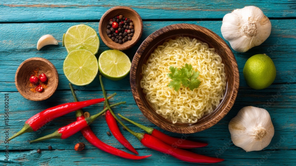 Poster a charming setup with instant noodles in a bowl, surrounded by fresh ingredients like chili peppers,