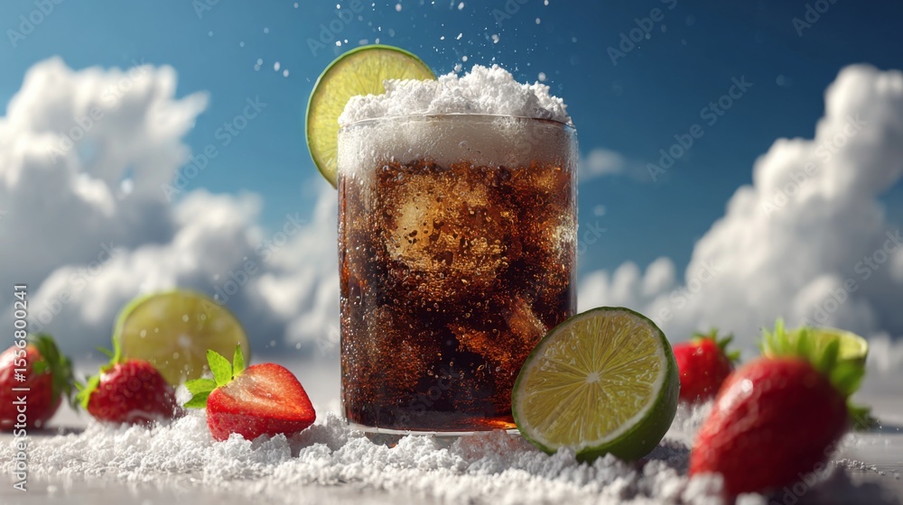 Poster a chilled glass of soda with a perfect head of foam, surrounded by fresh fruit slices, creating a re