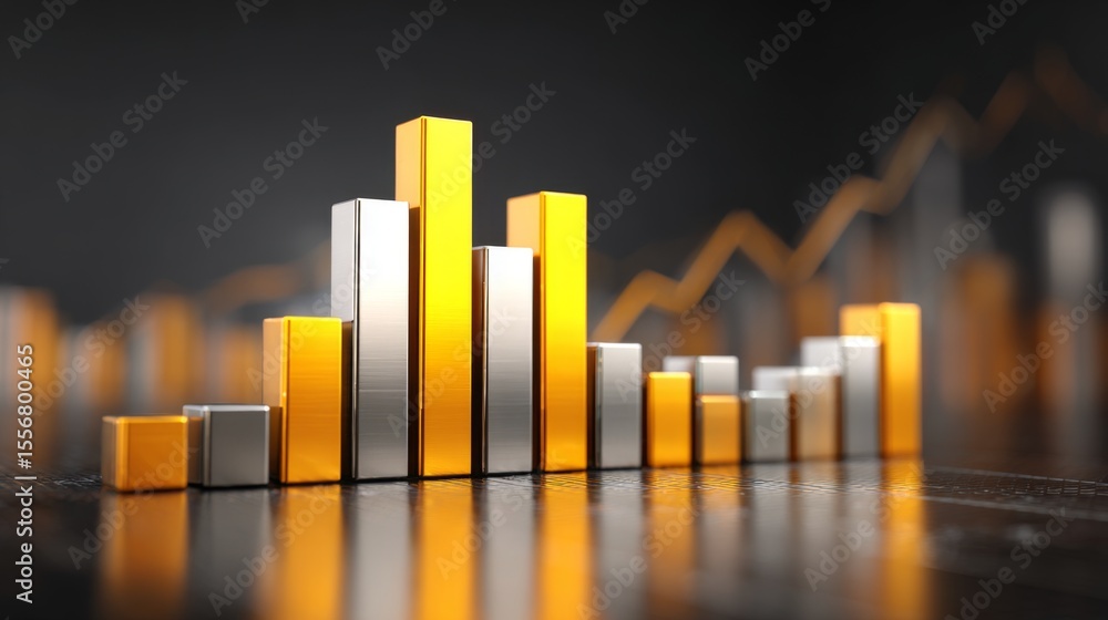 Poster a close-up of a d bar chart showing business growth and financial trends, with a dark gradient backg