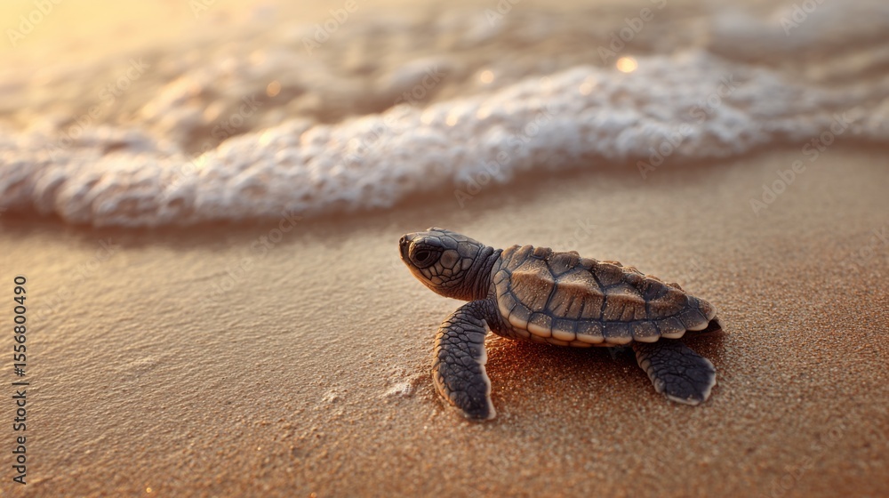 Poster a close-up of a baby sea turtle making its way to the ocean, with soft sand surrounding it and gentl