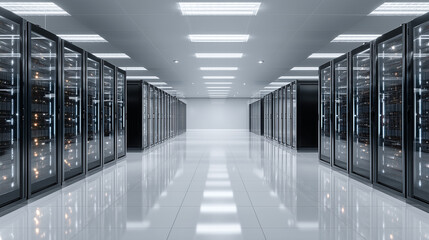 Bright minimalist server room with clean modern design, rows of network racks, data storage equipment, futuristic technology interior, efficient and professional atmosphere.