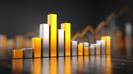 A close-up of a D bar chart showing business growth and financial trends, with a dark gradient background and reflective surfaces for a sleek look.