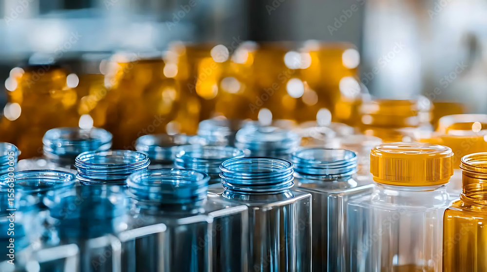 Poster a row of clear plastic bottles with blue and orange lids. the bottles are arranged in a row, with so