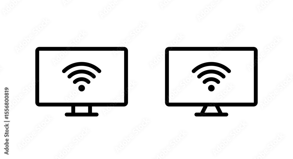 Poster wifi signal on computer monitor icon set in line style. desktop pc screen with wireless network symb
