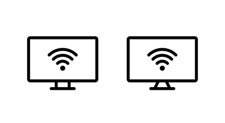 WIFI signal on computer monitor icon set in line style. Desktop PC screen with wireless network symbol