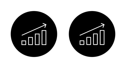 Growth bar chart with upward trend arrow icon. Increase, success, and financial rise symbol on black circle