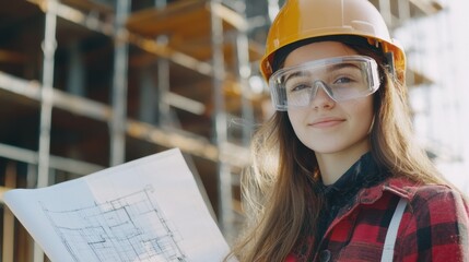 A young female engineer wearing safety goggles and a hard hat smiles confidently while holding blueprints on a construction site, showcasing her role in modern engineering.