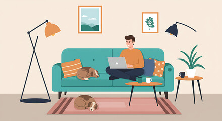 employee or freelancer works from home on a laptop, sitting on a cozy sofa . A flat vector showing a comfortable remote work lifestyle. Set for work from anywhere theme, remote work, lifestyle
