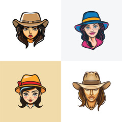 Illustration of woman wearing hat logo design template vector flat