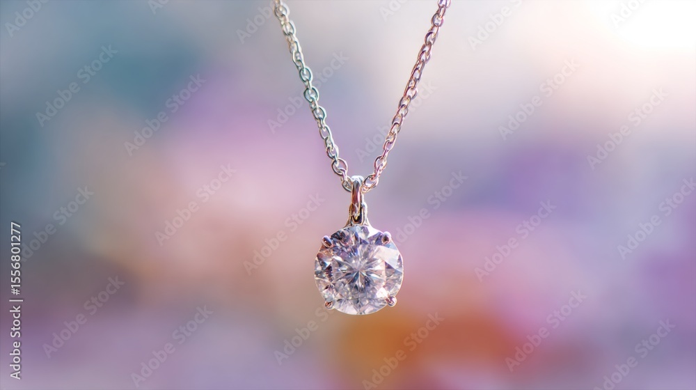 Poster a close-up of a sparkling diamond pendant hanging from a delicate chain, with a blurred background o