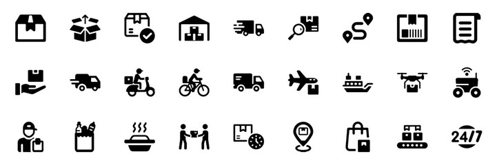 Delivery, logistics icon set. Vector glyph pictograms of package, truck, warehouse, drone, supply chain, shopping bag, shipping, courier, e-commerce concept black silhouette illustration.