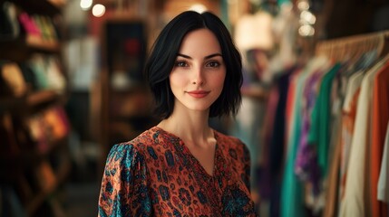 A captivating portrait of a young European woman showcasing her elegant style amidst a vibrant and thoughtfully curated indoor environment.