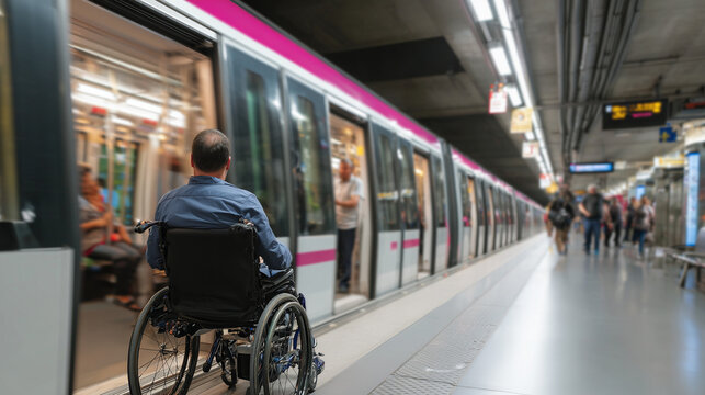 A person with a disability boarding a metro train using a wheelchair, symbol of accessibility, inclusion, mobility, and public transport in modern urban life.
