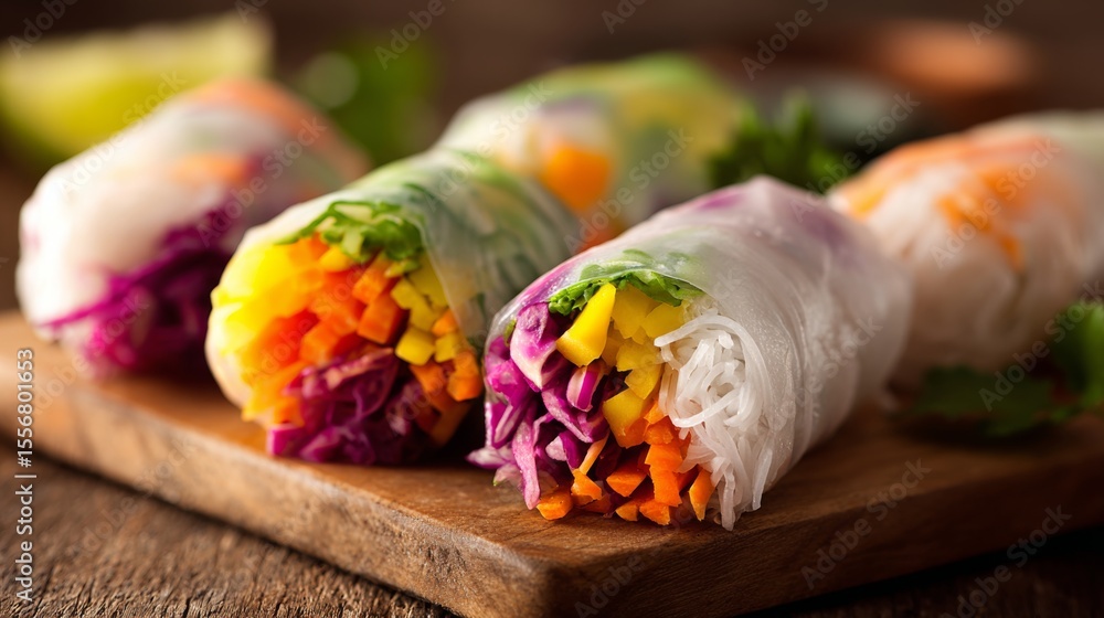 Poster a close-up of freshly made vietnamese-style spring rolls, showcasing the vibrant colors of the filli